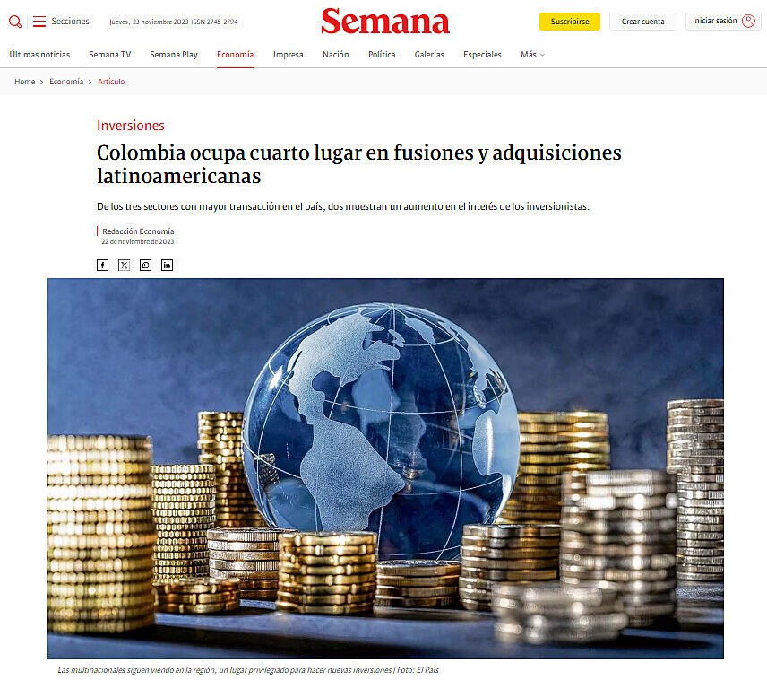 Colombia ocupa cuarto lugar en fusiones y adquisiciones latinoamericanas